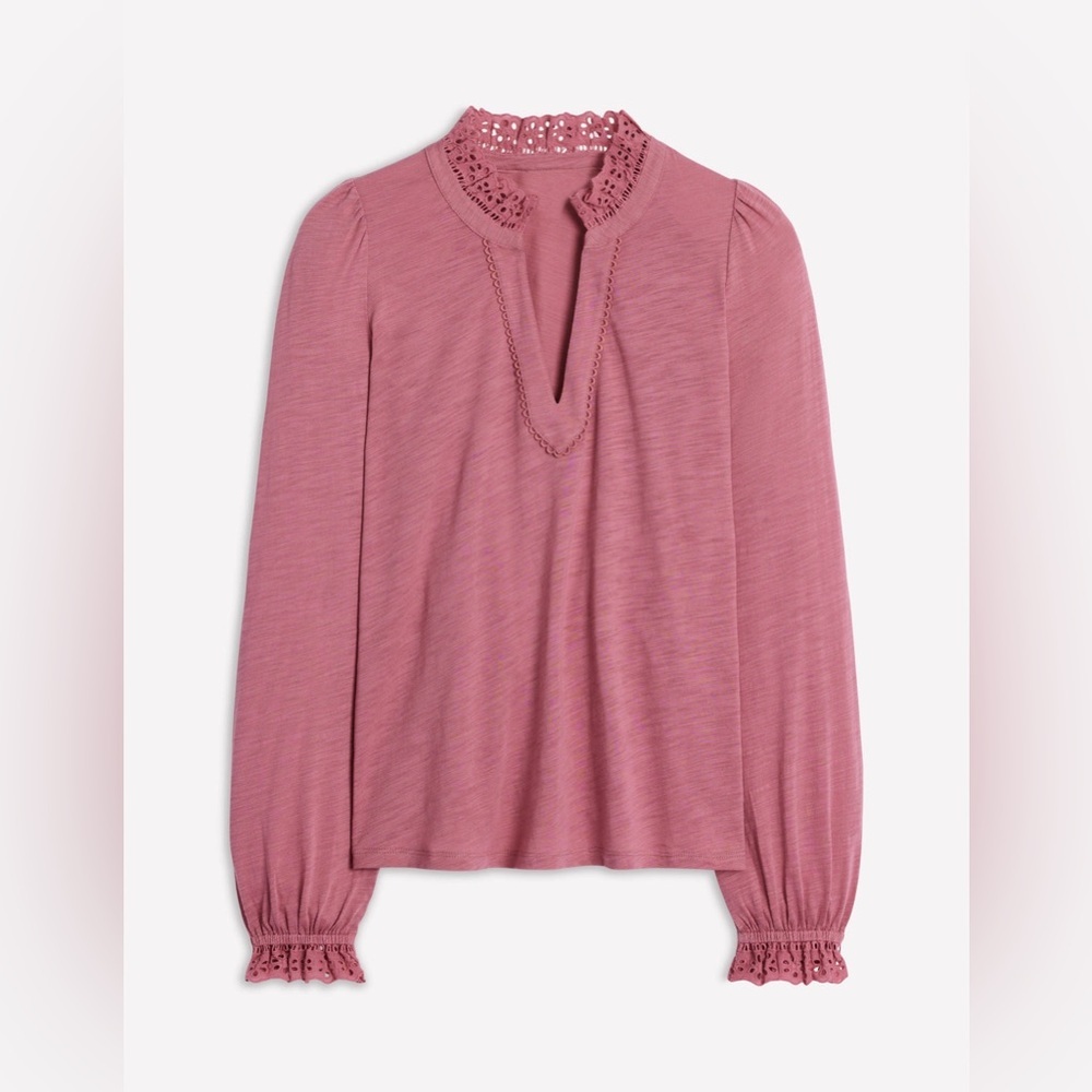 NWT Boden Aria Broderie Notch Neck Top in Pink Heather Size 16/18